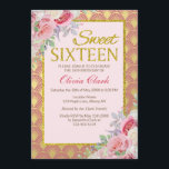 Rosa blom- sweet sixteenfödelsedag för guld- inbjudningar<br><div class="desc">En elegant kvinnlig blom- design av vattenfärgro i mjukt skuggar av rosor med en guld- glitterram på en rosa,  och guld omkullkastar snäckamönsterbakgrund. Du kan vidare skräddarsy detta kort,  genom att klicka ",  skräddarsy den" knäppas.</div>