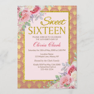 Rosa blom- sweet sixteenfödelsedag för guld- inbjudningar