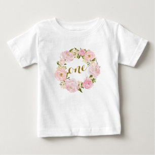 Rosa blom- T-tröja för första födelsedag T-shirt
