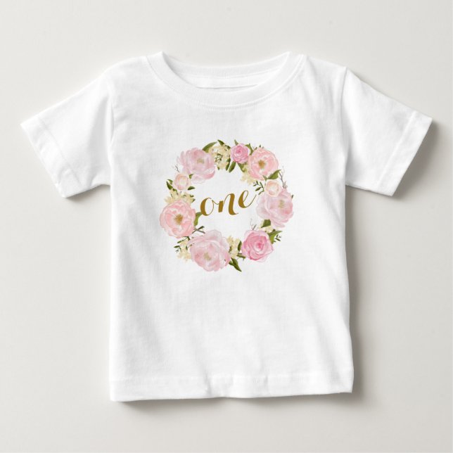 Rosa blom- T-tröja för första födelsedag T-shirt (Framsida)