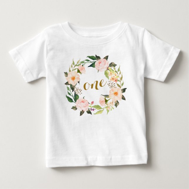 Rosa blom- T-tröja för första födelsedag Tee Shirt (Framsida)