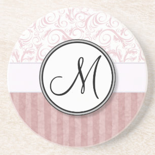 Rosa blom- testar & randar med monogramen underlägg sandsten