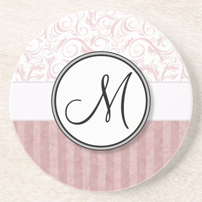 Rosa blom- testar & randar med monogramen underlägg sandsten (Framsidan)