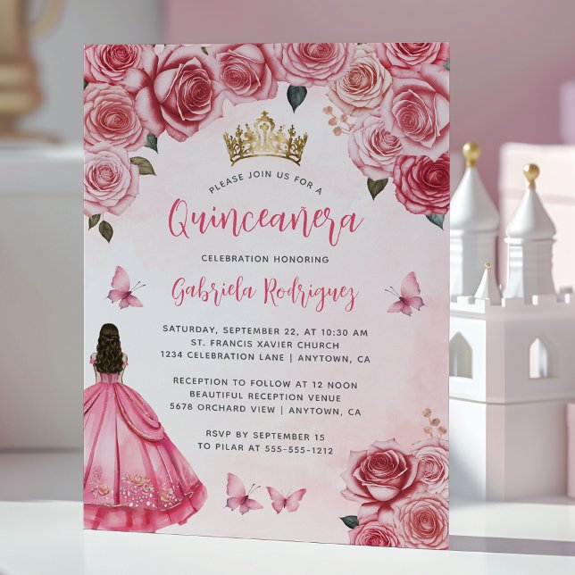 Rosa blom-vattenfärg Quinceañera Inbjudningar (Skapare uppladdad)