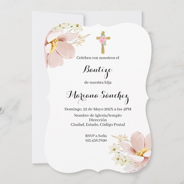 Rosa Blombaptism inbjudan till flicka (Framsida)