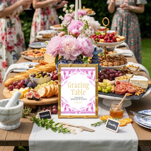 Rosa blomblad "Grazing Table"  skylt Inbjudningar (Pink floral leaves "Grazing Table" Sign)