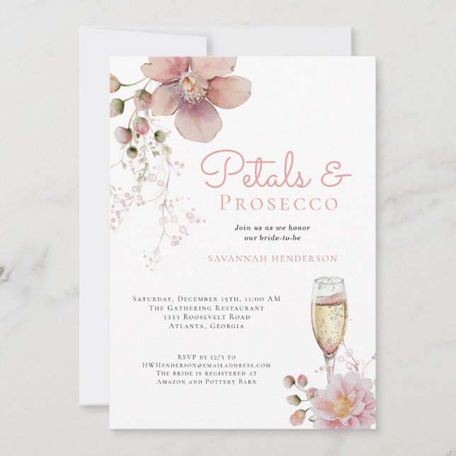 Rosa blomblad och Prosecco bröllopsdusch Inbjudningar (Framsida)