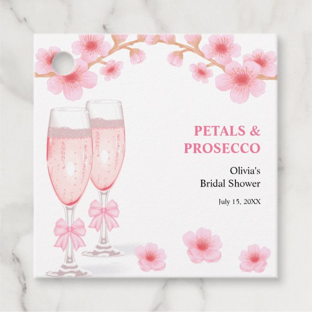 Rosa blomblad och Prosecco Bröllopsfest  Gåvor Etiketter (Framsida)