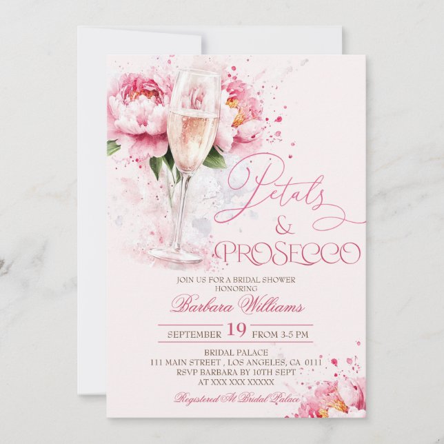 Rosa blomblad & Prosecco bröllopsdusch Inbjudningar (Framsida)