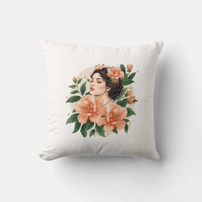 Rosa blomdamen – persisk inspirerad feminin flora kudde (Framsida)