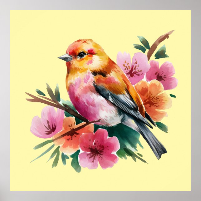 Rosa blomfågel poster (Framsidan)