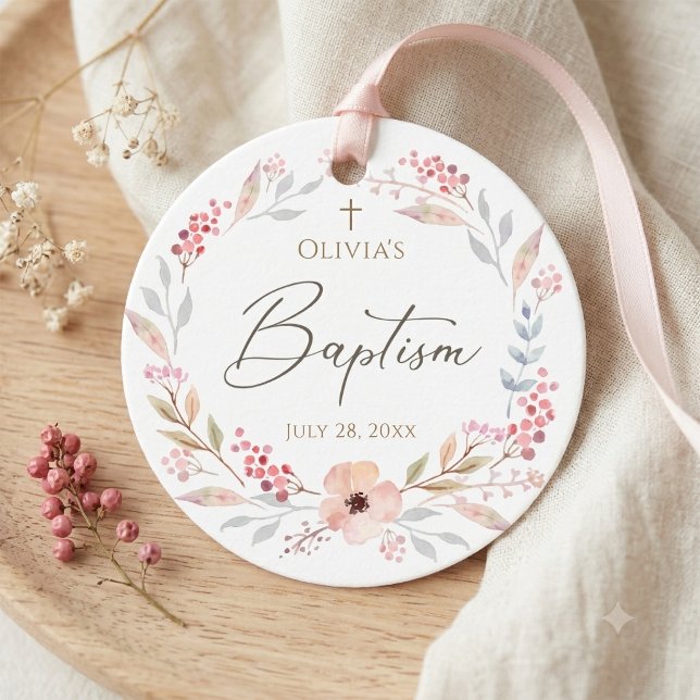 Rosa blomflicka Dop Rund Gåvor Etiketter (Blush Pink Floral Girl Baptism Round Favor Tags)