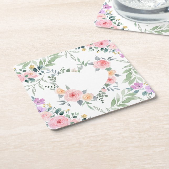 Rosa blomhjärta underlägg papper kvadrat (Vinklad)