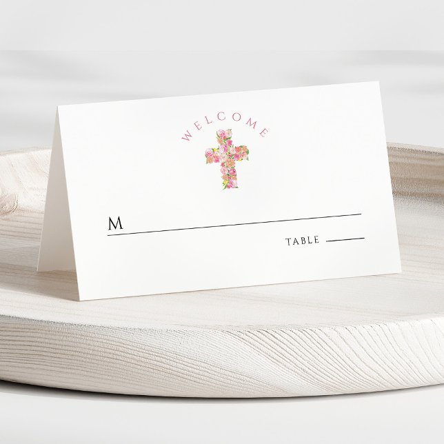 Rosa blomkors religiös första kommunion placeringskort (Front - Pink Floral Cross Religious First Communion Place Card)