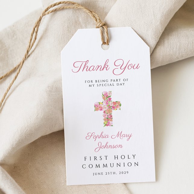 Rosa blomkors religiös första kommunion  presentetikett (Pink Floral Cross Religious First Communion Gift Tags)
