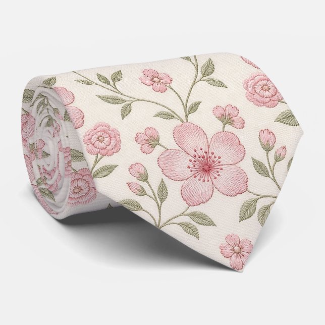 Rosa blomkräm Sömlös mönster med mjukt grönt Slips (Rullad)