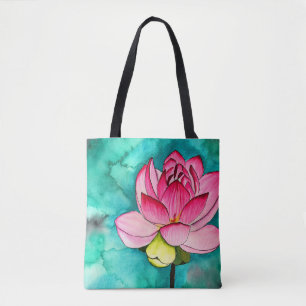 Rosa blomma lotus bra konturvattenfärg tygkasse