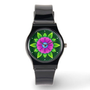 Rosa blomma med gröna blad-23856 armbandsur