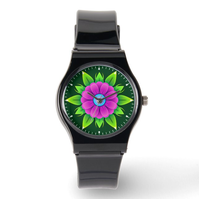 Rosa blomma med gröna blad-23856 armbandsur (Framsida)