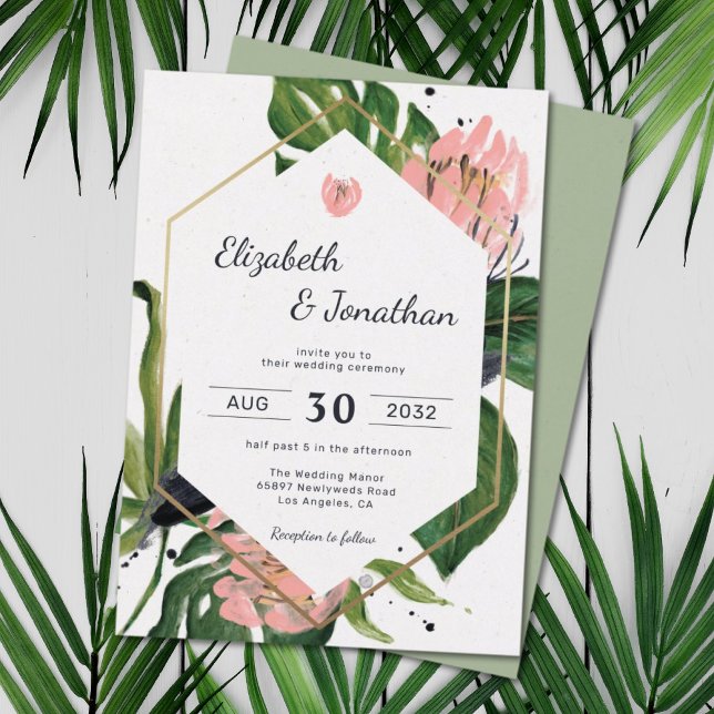 Rosa blomma och löv i den tropiska djungelns blomm inbjudningar (Skapare uppladdad)