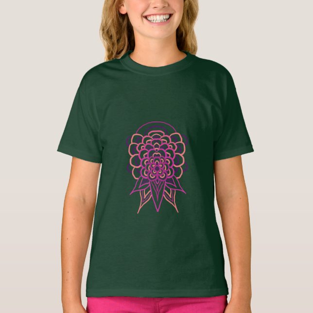 Rosa blommandala flickor skoggrön t-shirt |  (Framsida)