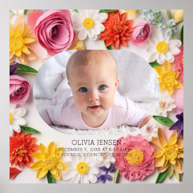 Rosa blommande anpassad akvarell Ny bebis flicka f Poster (Framsidan)