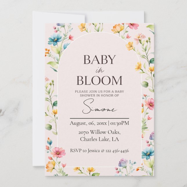 Rosa blommande baby i blom Baby shower inbjudan  (Framsida)