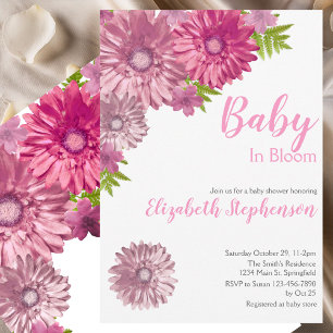 Rosa blommande baby i blom-floral baby shower inbjudningar