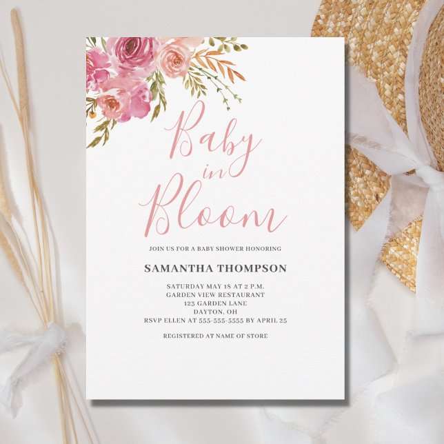 Rosa blommande baby i blomstringsdusch inbjudningar (Skapare uppladdad)