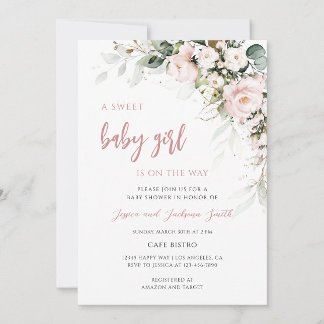 Rosa blommande baby shower inbjudningar (Framsida)