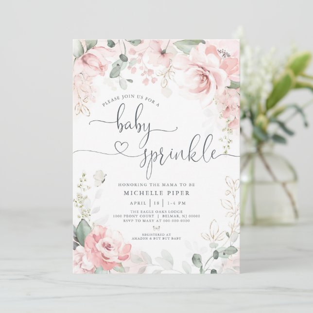 Rosa blommande babyfirande, akvarell Peony baby  Inbjudningar (Stående Fram)