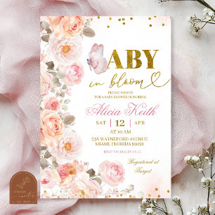 Rosa blommande blommig baby inbjudan