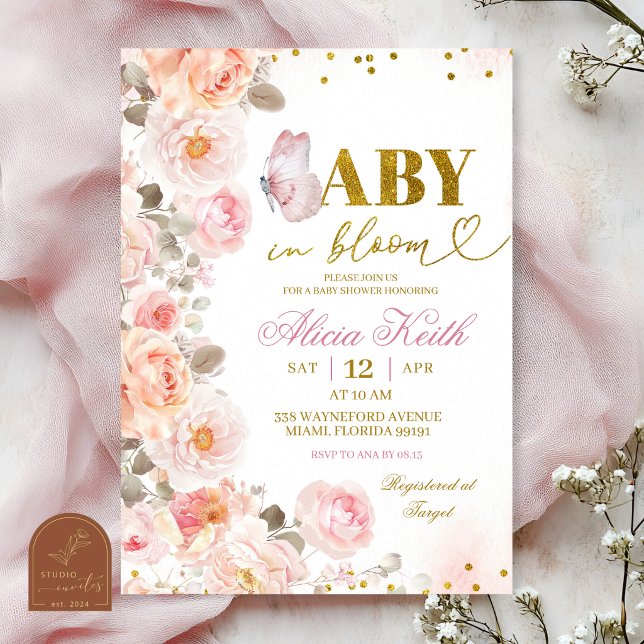 Rosa blommande blommig baby inbjudan (Skapare uppladdad)