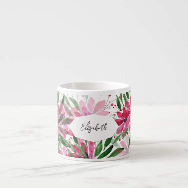 Rosa blommande blommor i akvarell espressomugg (Framsidan)