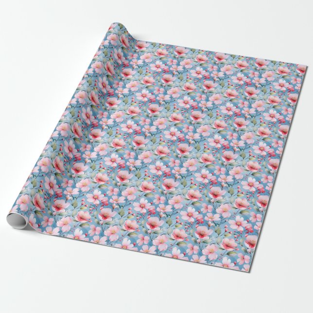 Rosa blommande blommor på blått presentpapper (Utrullad)