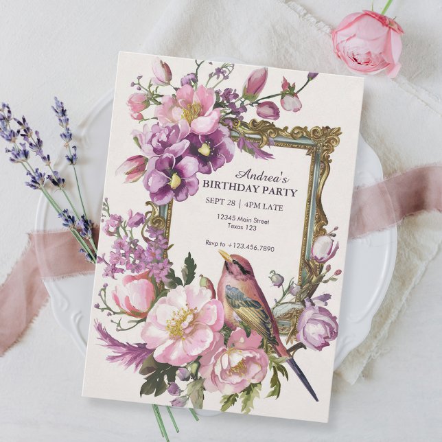 Rosa blommande fågel akvarell Födelsedag Inbjudningar (Skapare uppladdad)