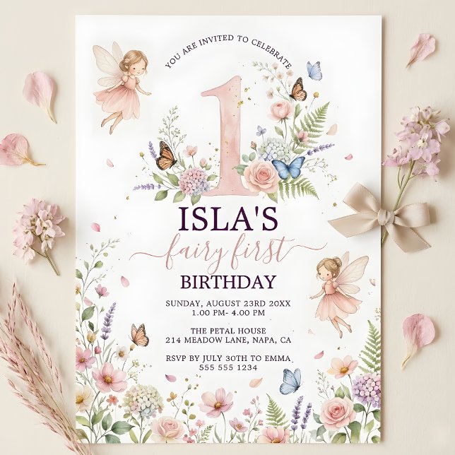 Rosa blommande fe första födelsedagsinbjudan inbjudningar (Pink Floral Fairy First Birthday Invitation)