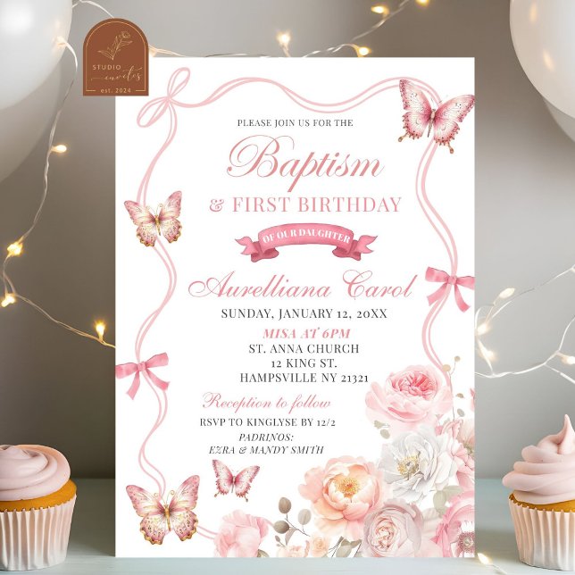 Rosa blommande fjäril dop & 1-års födelsedag inbjudningar (Skapare uppladdad)