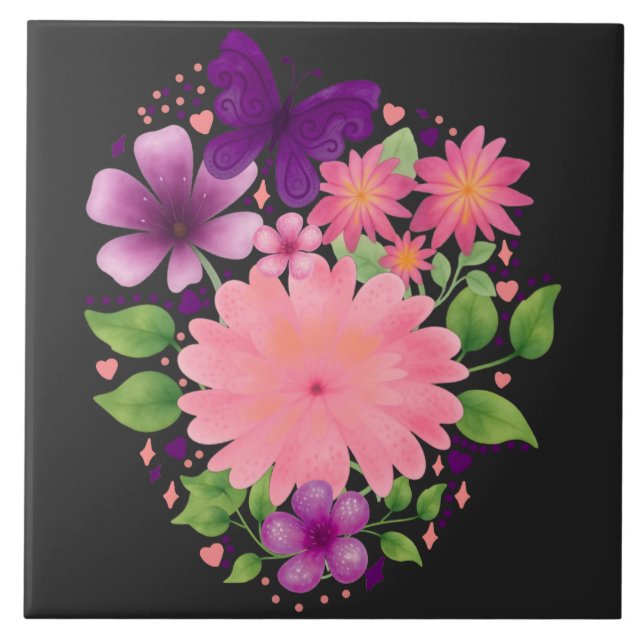 Rosa blommande fjäril Vattenfärg Design  Kakelplatta (Framsidan)