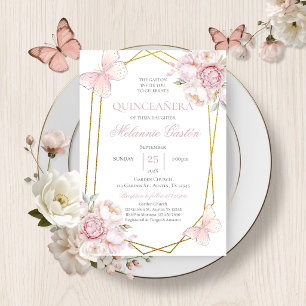 Rosa blommande fjärilar Quinceañera inbjudan