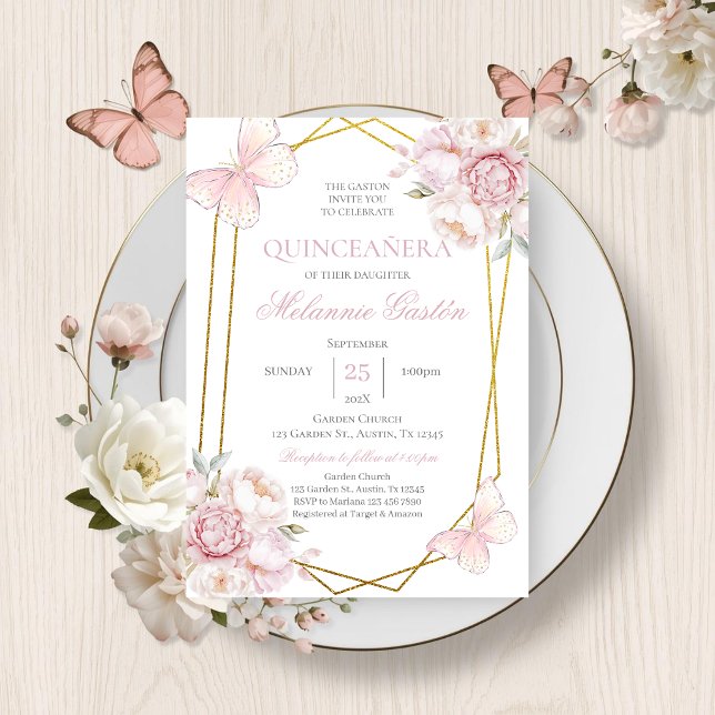 Rosa blommande fjärilar Quinceañera inbjudan (Skapare uppladdad)
