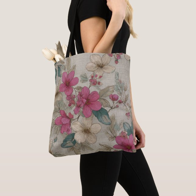 Rosa Blommande Floral Totebag Tygkasse (Närbild)