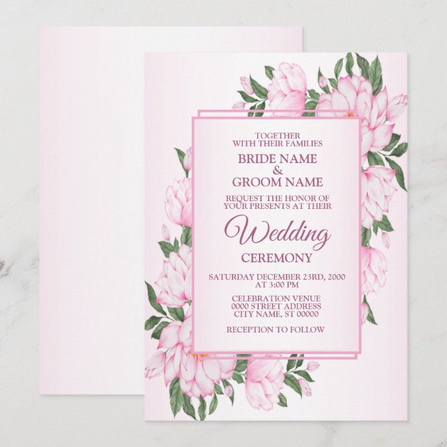 Rosa blommande gröna blad ram elegant bröllop inbjudningar (Fram/baksida)