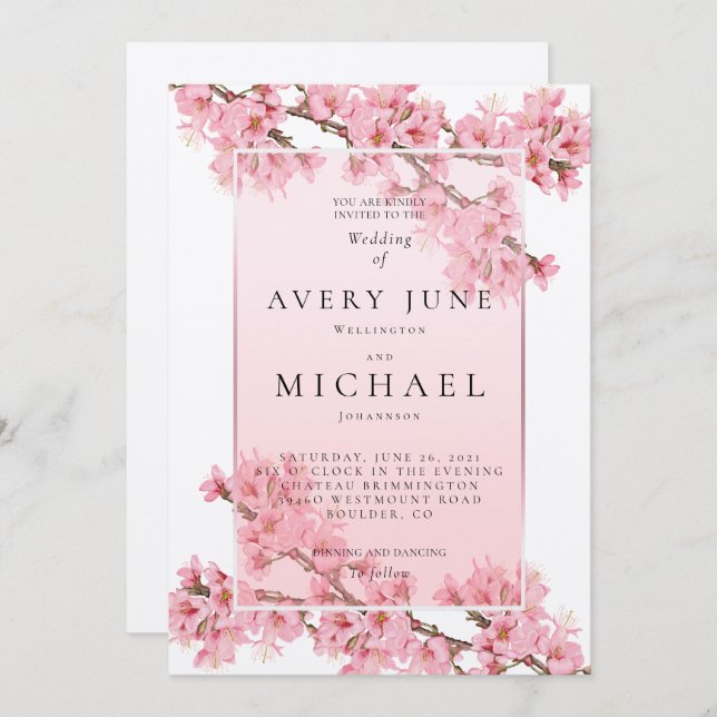 Rosa blommande körsbärsblommor vårbröllop inbjudningar (Fram/baksida)