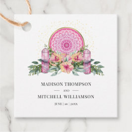 Rosa blommande mandala kristaller metafysisk bröll gåvor etiketter