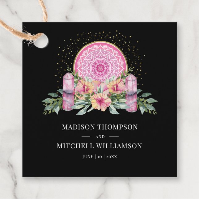 Rosa blommande mandala kristaller metafysisk bröll gåvor etiketter (Framsida)