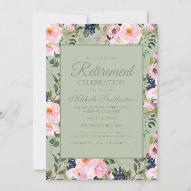 Rosa blommande mintgrön pension inbjudningar (Framsida)