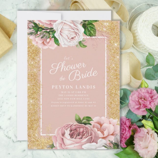 Rosa blommande roséguld glitter bröllopsdusch inbjudningar (Pink vintage roses and gold glitter "Shower the Bride" custom bridal shower invitation)