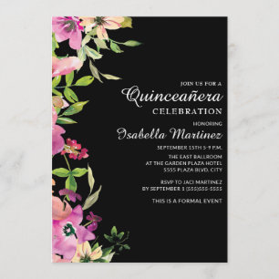 Rosa blommande Salvad sallad Svart Quinceañera Inbjudningar