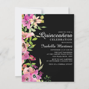 Rosa blommande Salvad sallad Svart Quinceañera Inbjudningar